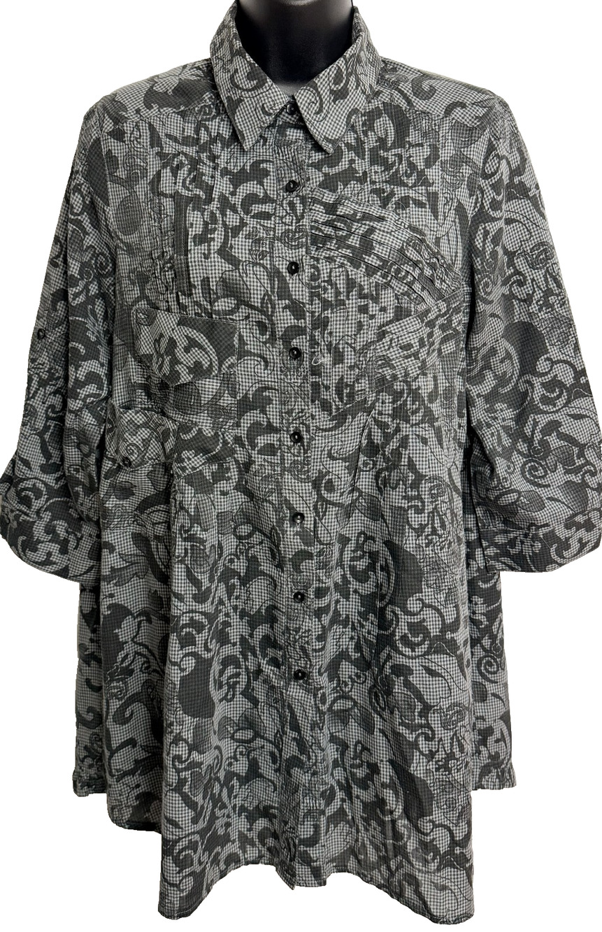 Linea Domani Roll Tab Tunic Women's 6 Black Gray Check Floral Classic Button Top